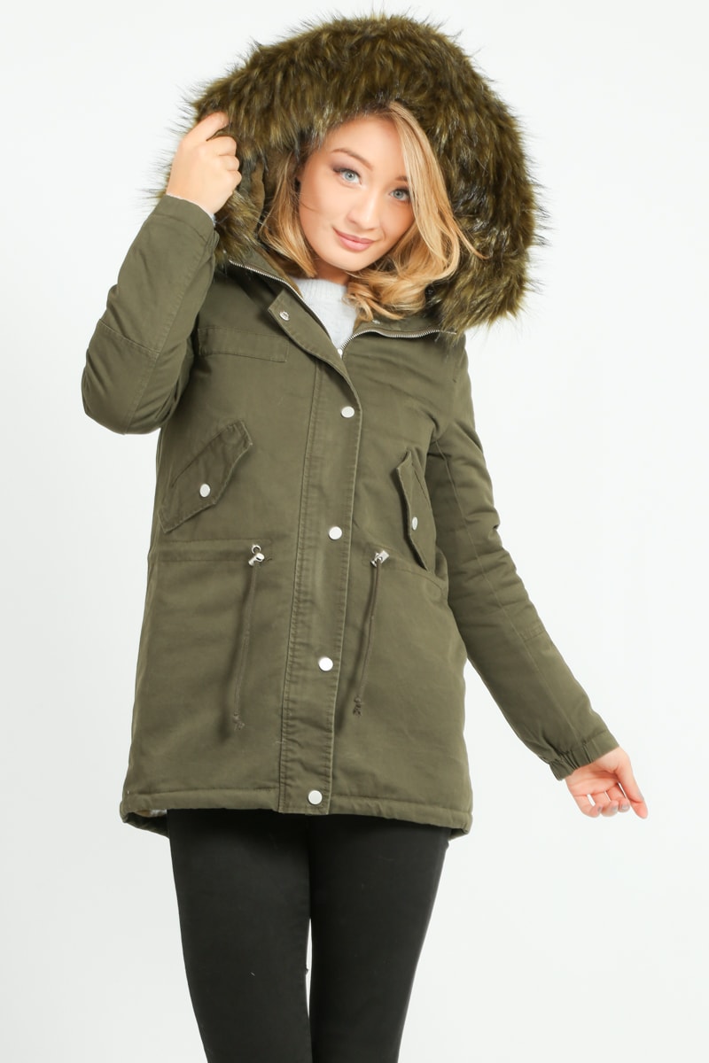 Khaki Parka With Green Faux Fur Lining