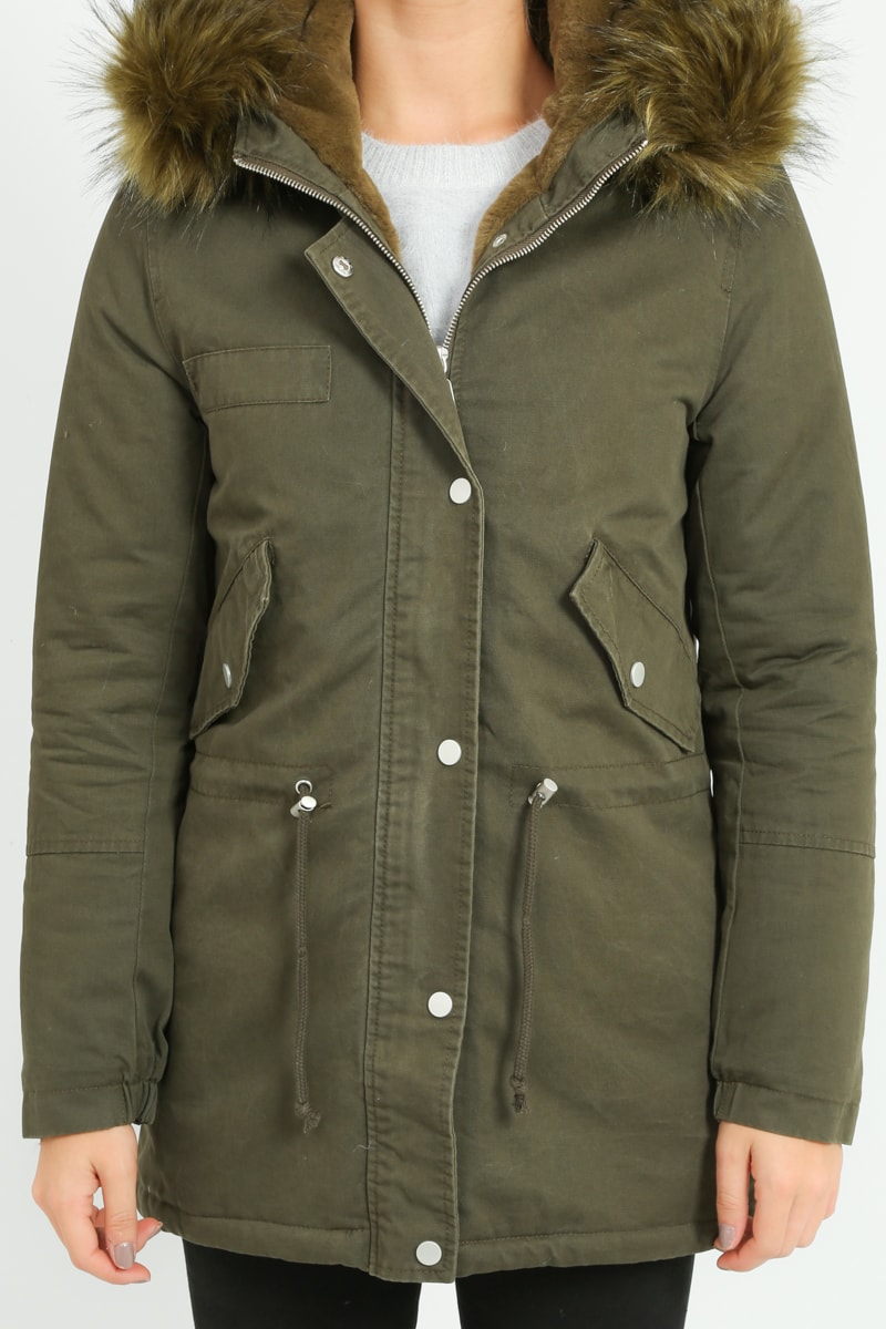 Khaki Parka With Green Faux Fur Lining