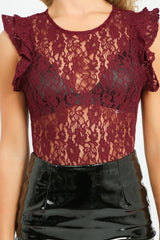 Burgundy Sheer Lace Bodysuit With Frill