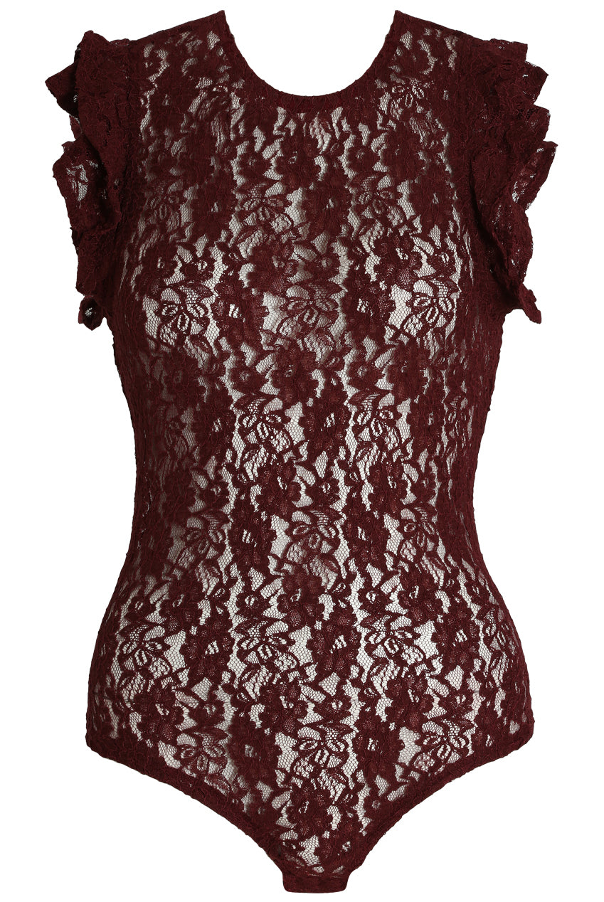 Burgundy Sheer Lace Bodysuit With Frill