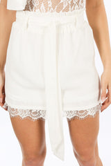 White Chiffon Belted Skirt With Lace Trim
