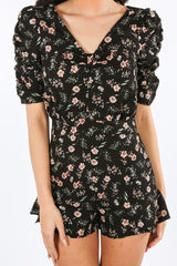 Black Short Sleeve Floral Playsuit
