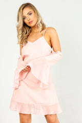 Pink Cold Shoulder Cami Dress With Frilled Chiffon Hem