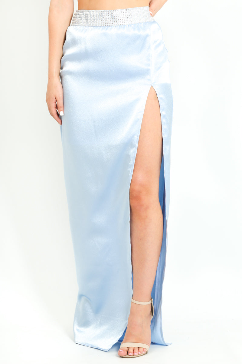 Sky Blue Embellished Thigh Split Maxi Skirt