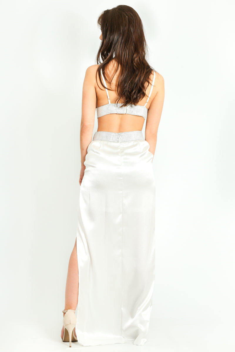 White Embellished Thigh Split Maxi Skirt