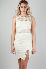 Laser Cut Out Bodycon Dress With Chain Detail White