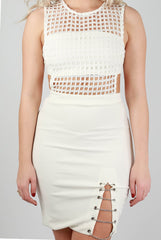 Laser Cut Out Bodycon Dress With Chain Detail White