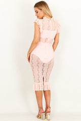 Pink Sheer Lace Midi Dress With Ruffle Hem