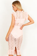 Pink Sheer Lace Midi Dress With Ruffle Hem