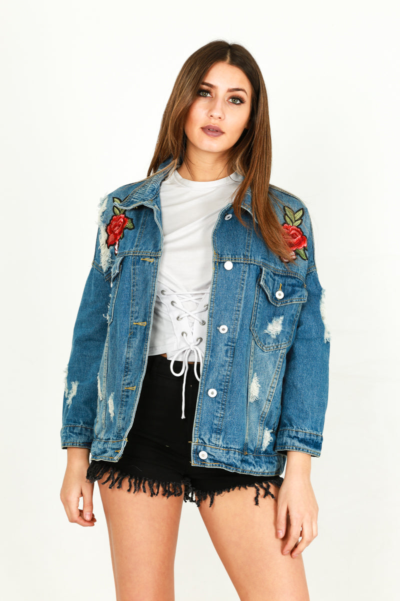 Distressed Denim Jacket With Floral Embroidery