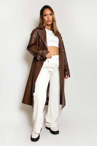 Chocolate Faux Leather Belted Trench Coat | Dressed in Lucy