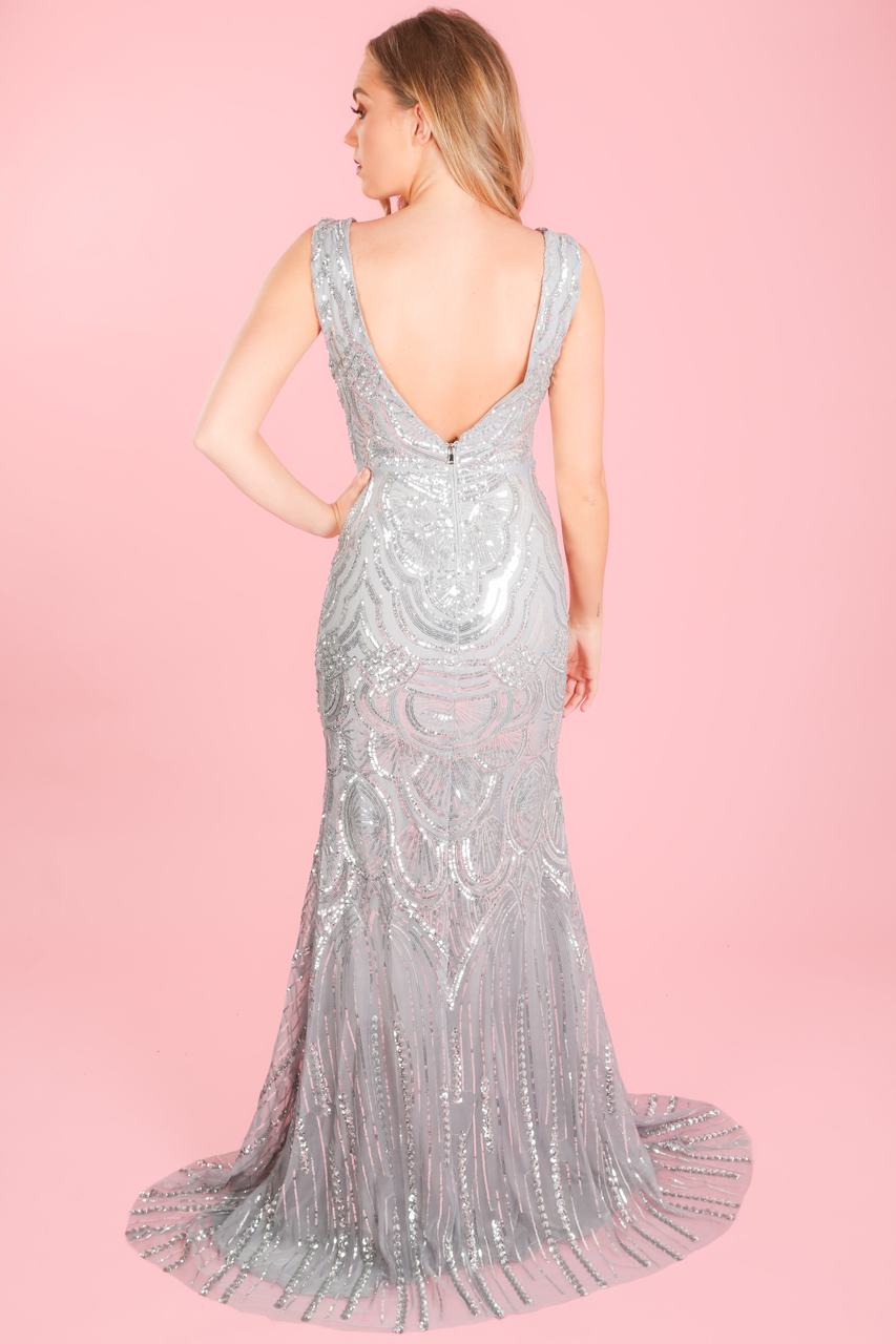 Silver Premium Collection Sequin Fish Tail Maxi Dress