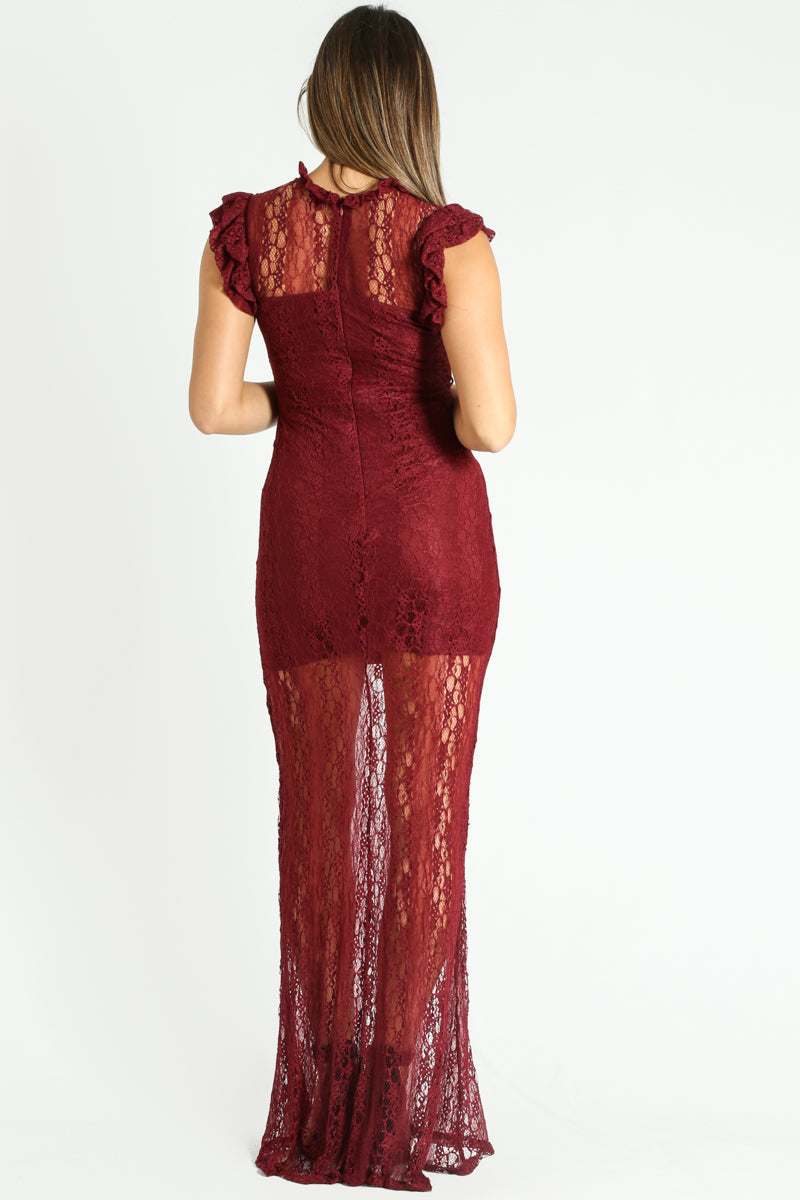 Burgundy Sheer Lace Maxi Bodycon Dress