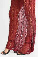 Burgundy Sheer Lace Maxi Bodycon Dress