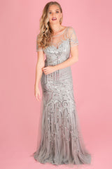 Silver Premium Collection Short Sleeve Sequin Mesh Maxi Dress