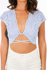 Blue Wrap Around Embroidery Crop Top