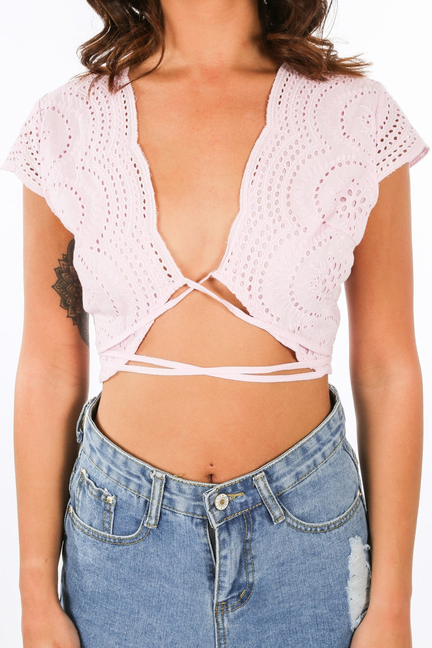 Pink Wrap Around Embroidery Analgise Crop Top