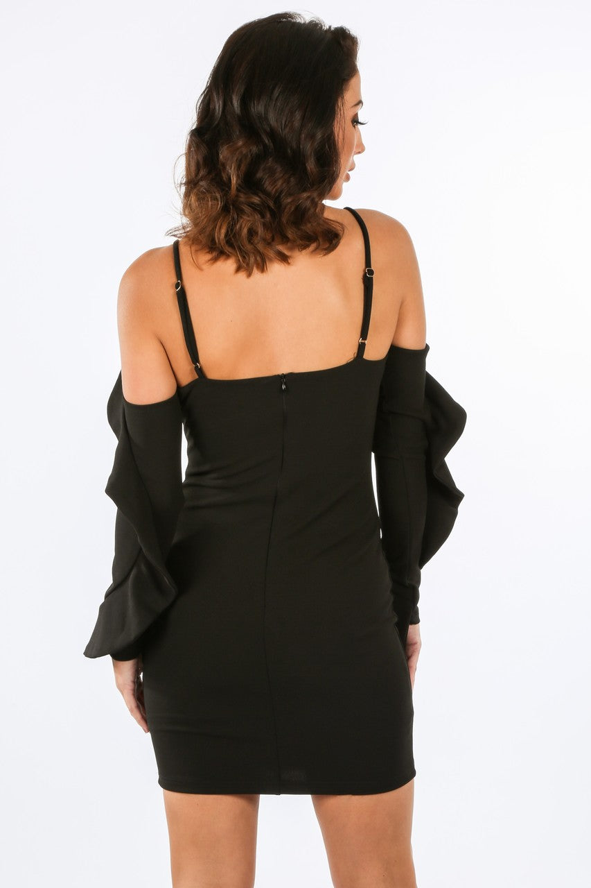 Black Long Sleeve Cold Shoulder Frill Dress