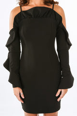 Black Long Sleeve Cold Shoulder Frill Dress