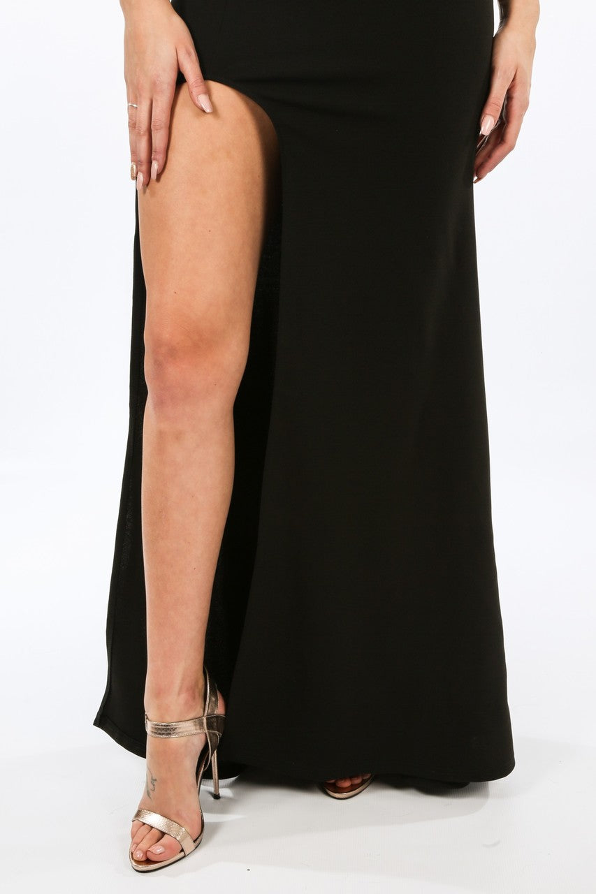 Black Bardot Maxi Dress With Front Split