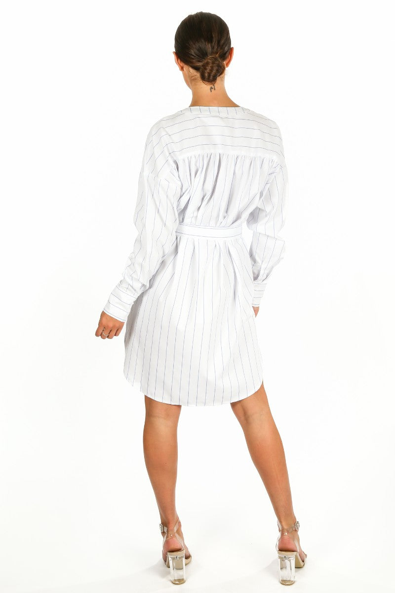 White Striped Belted Shirt Dress