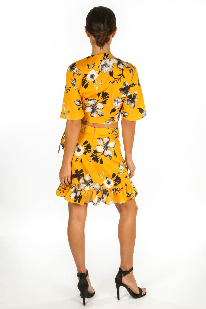 Yellow Floral Print Wrap Look Skirt