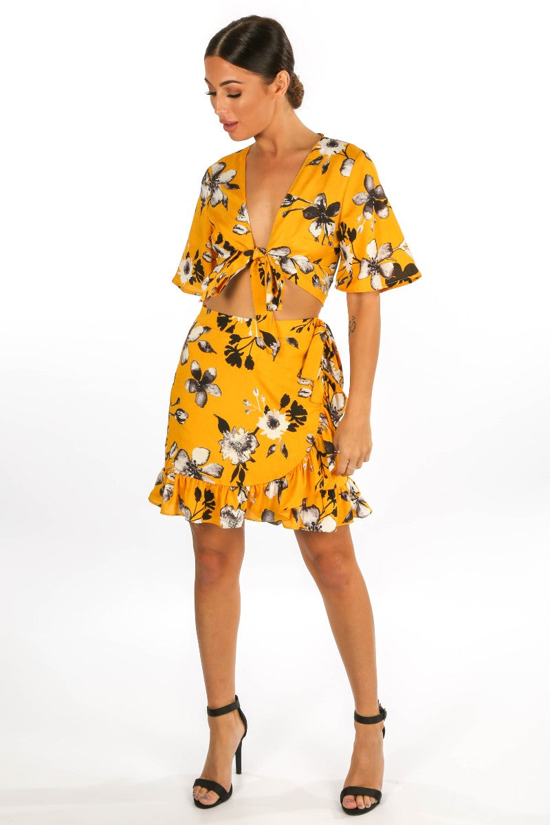Yellow Floral Print Wrap Look Skirt
