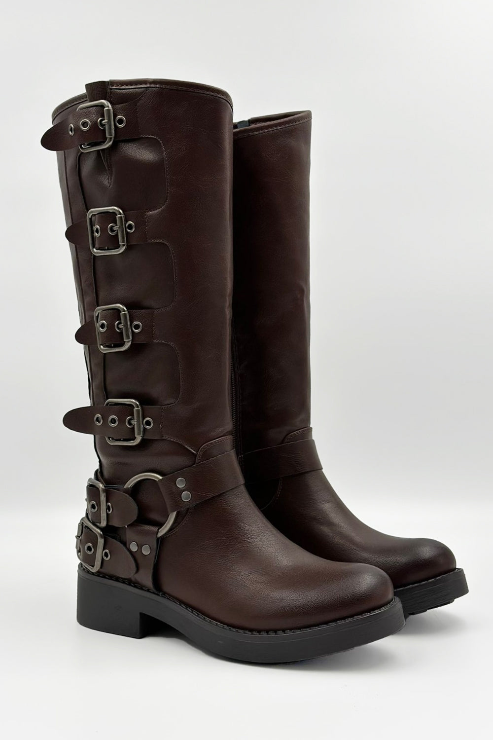 Buckle Down Relaxed Biker Boot In Brown