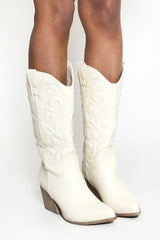 Beige Pu Stitch Detail Western Cowboy Boots