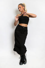 Black Cargo Ruched Midi Skirt