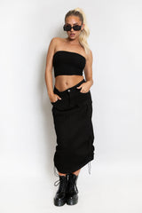 Black Cargo Ruched Midi Skirt