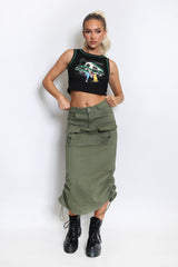 Khaki Cargo Ruched Midi Skirt