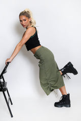 Khaki Cargo Ruched Midi Skirt