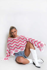 Fuchsia Crochet Zig Zag Knitted Bell Sleeve Top