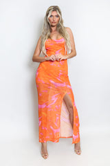 Orange Printed Side Slit Maxi Dress