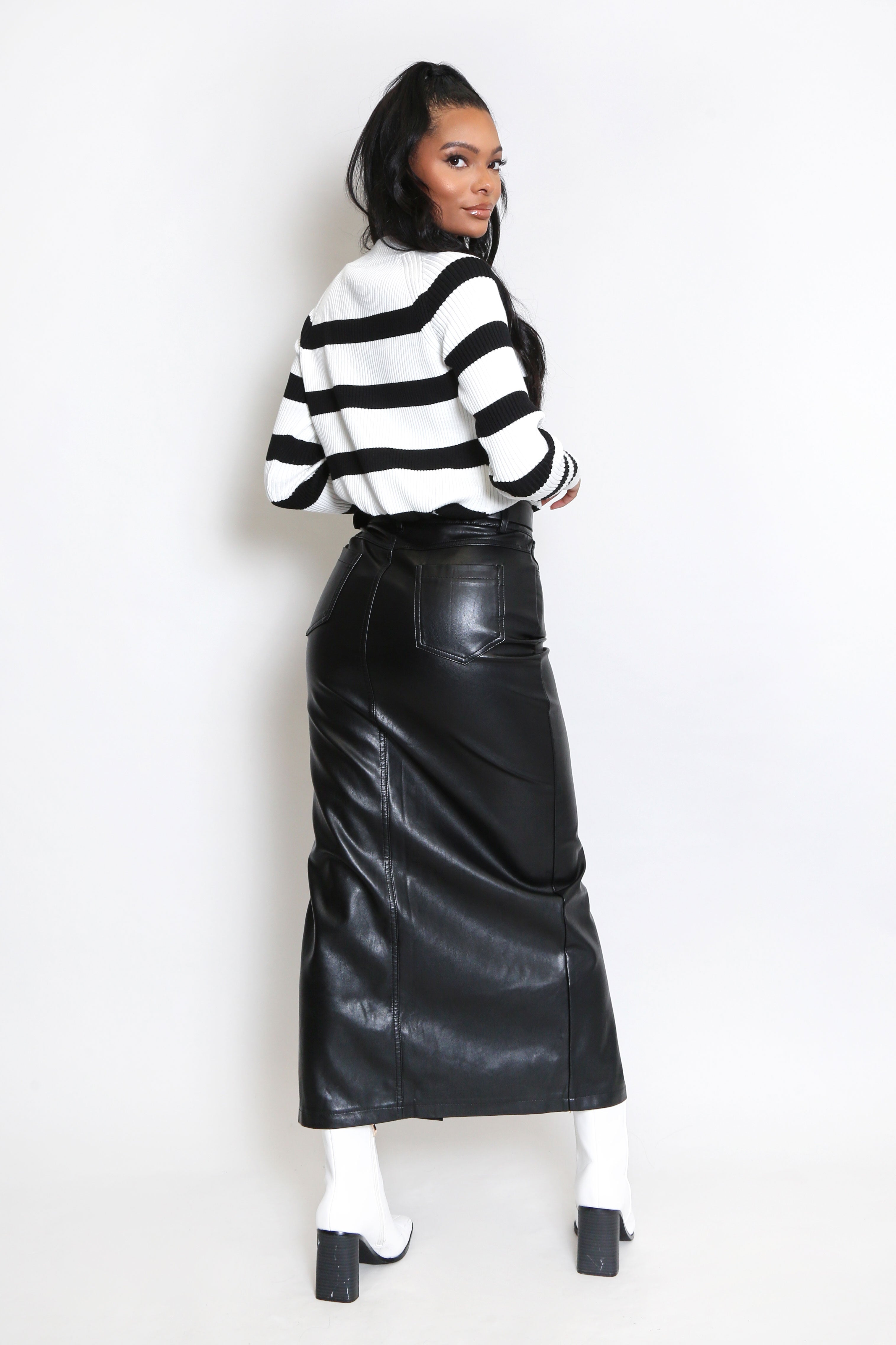 Black Midi PU Front Split Skirt