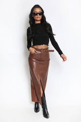 Brown Midi PU Front Split Skirt