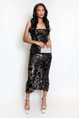 Black Netted Sequin Bandeau Midi Dress