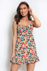 Beige Floral Shoulder Tie Summer Dress