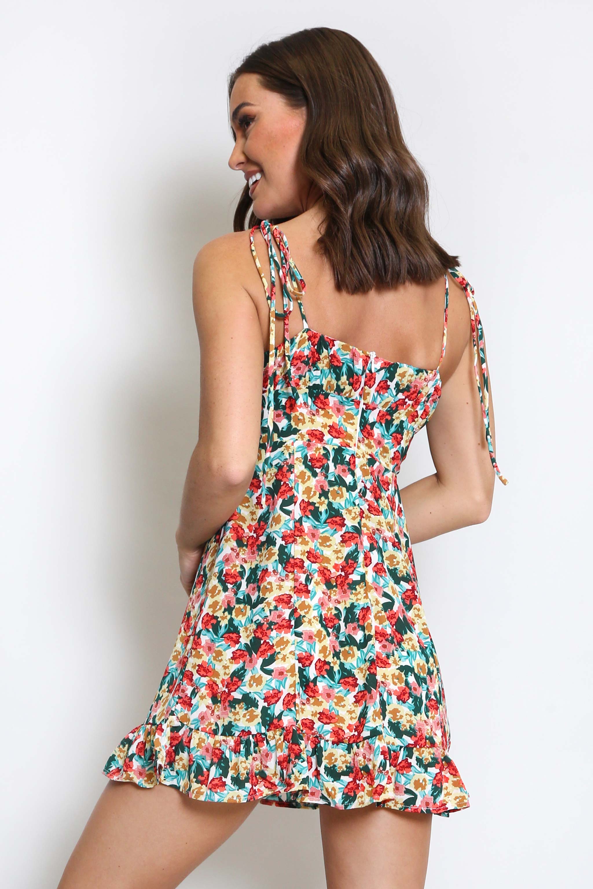 Beige Floral Shoulder Tie Summer Dress