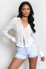 White Floral Lace Button Up Sheer Shirt