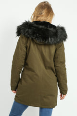 Khaki Parka With Faux Fur Lining In Black