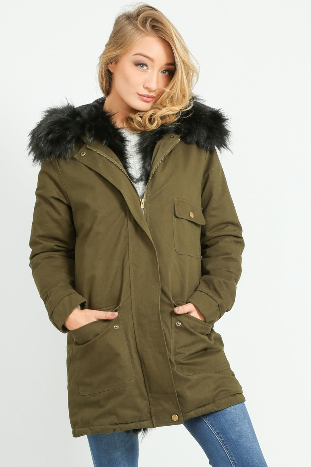 Khaki Parka With Faux Fur Lining In Black
