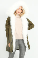Khaki Parka With Faux Fur Lining In White
