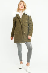 Khaki Parka With Faux Fur Lining In White