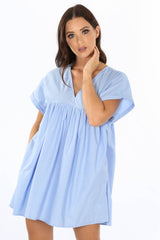 Blue Oversized Cotton Playsuit With Dress Overlay