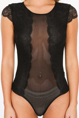Lace Scallop Detail Sheer Bodysuit In Black