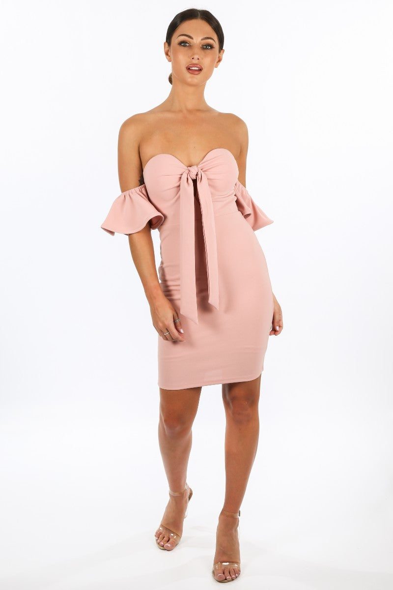 Pink Off The Shoulder Tie Front Bodycon Dress