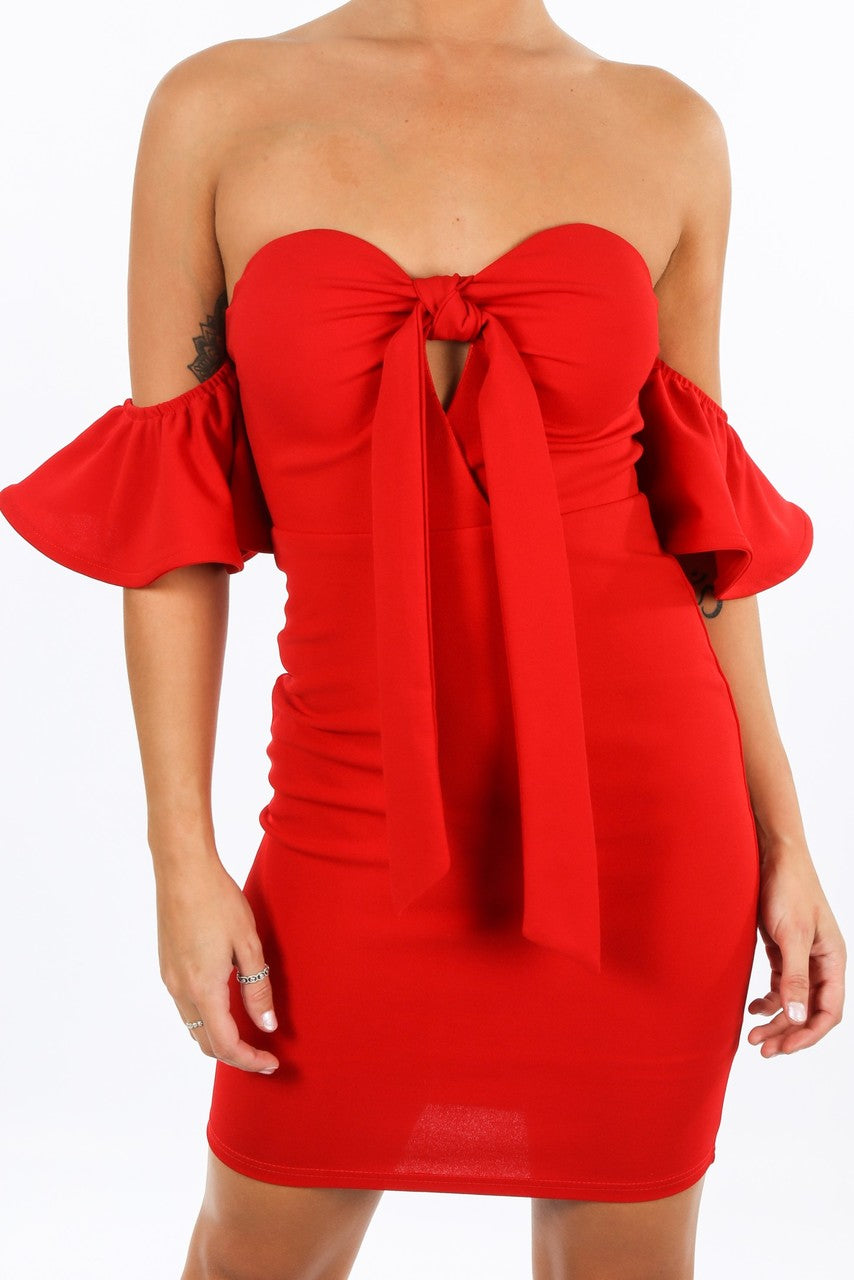 Red Off The Shoulder Tie Front Bodycon Dress