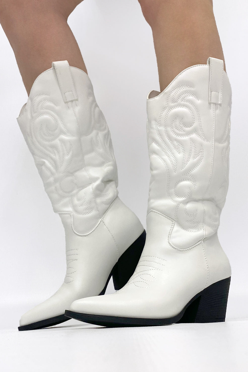 White Western Embroidered Cowboy Boots